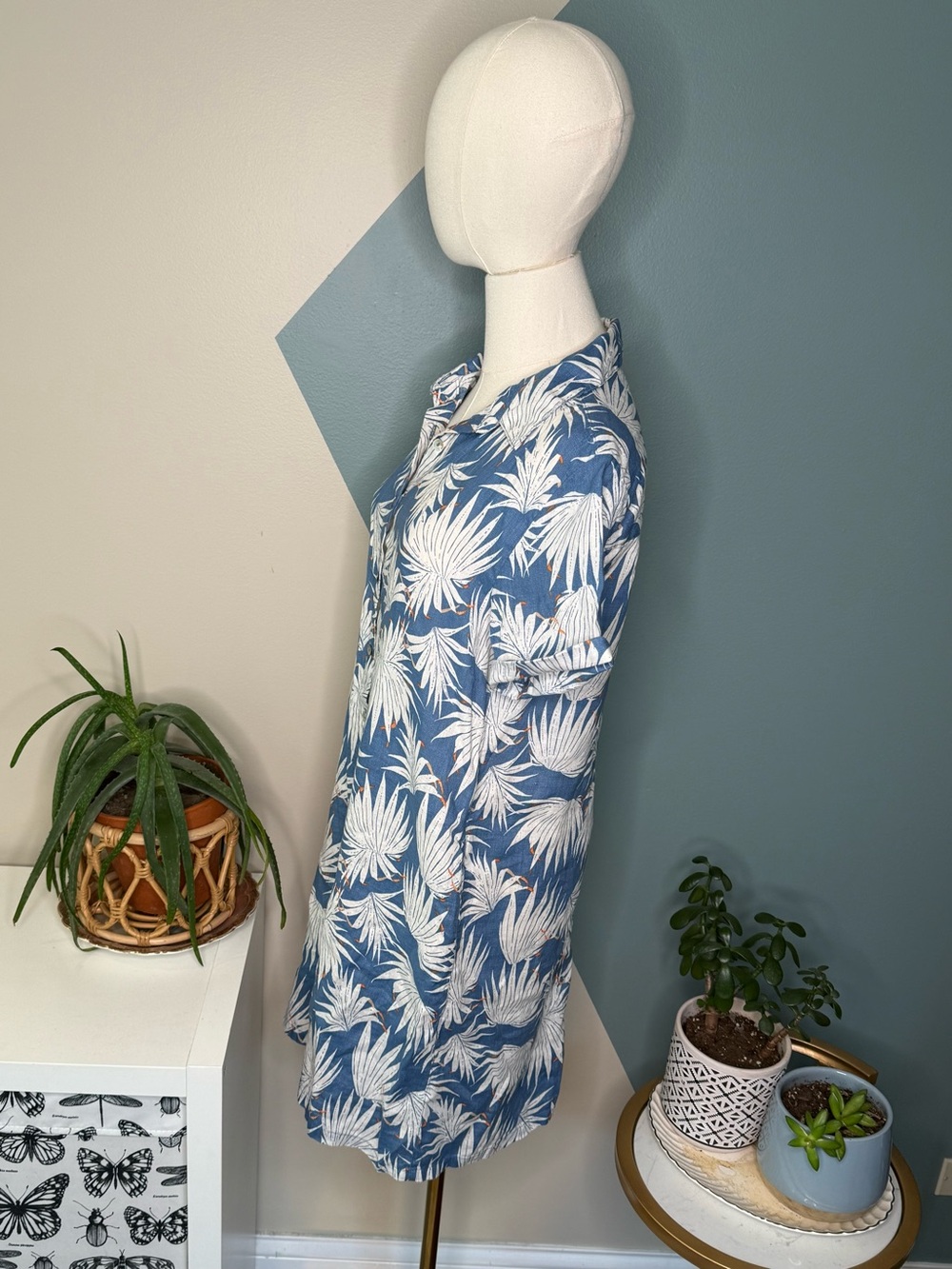 Rachel Zoe 100% Linen Palm Leaf Shirt Dress Coastal Resort Vacation Blue Small - Picture 3 of 10